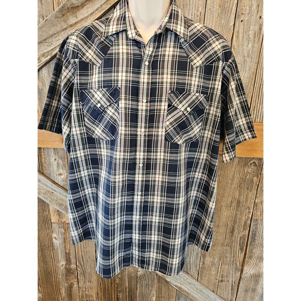 Plains Western Wear short sleeve pearl snap plaid cowboy EUC L ^^